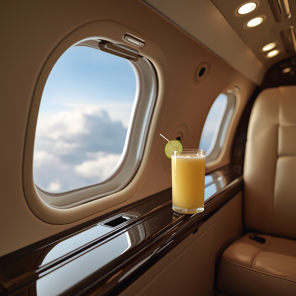 Luxury private jet interior with champagne and view of clouds through window, elegant atmosphere, high quality, no people